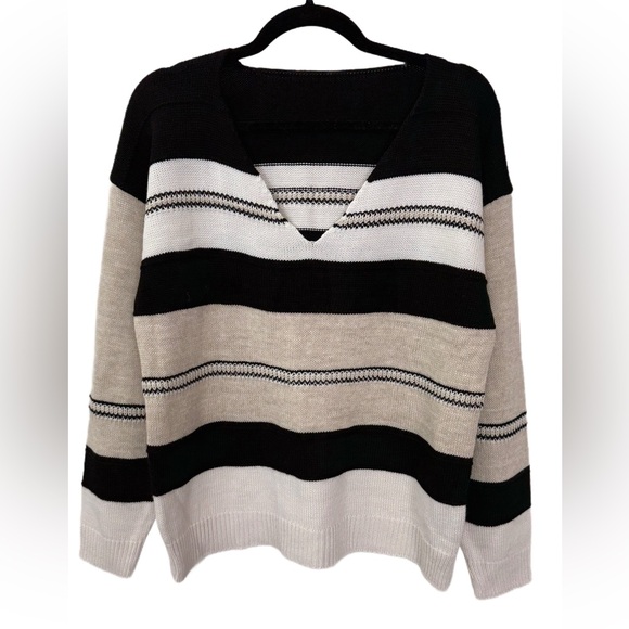 NWOT Striped Dropped Shoulder Sweater, Size Medium, Cream/Black/Khaki - Picture 4 of 6